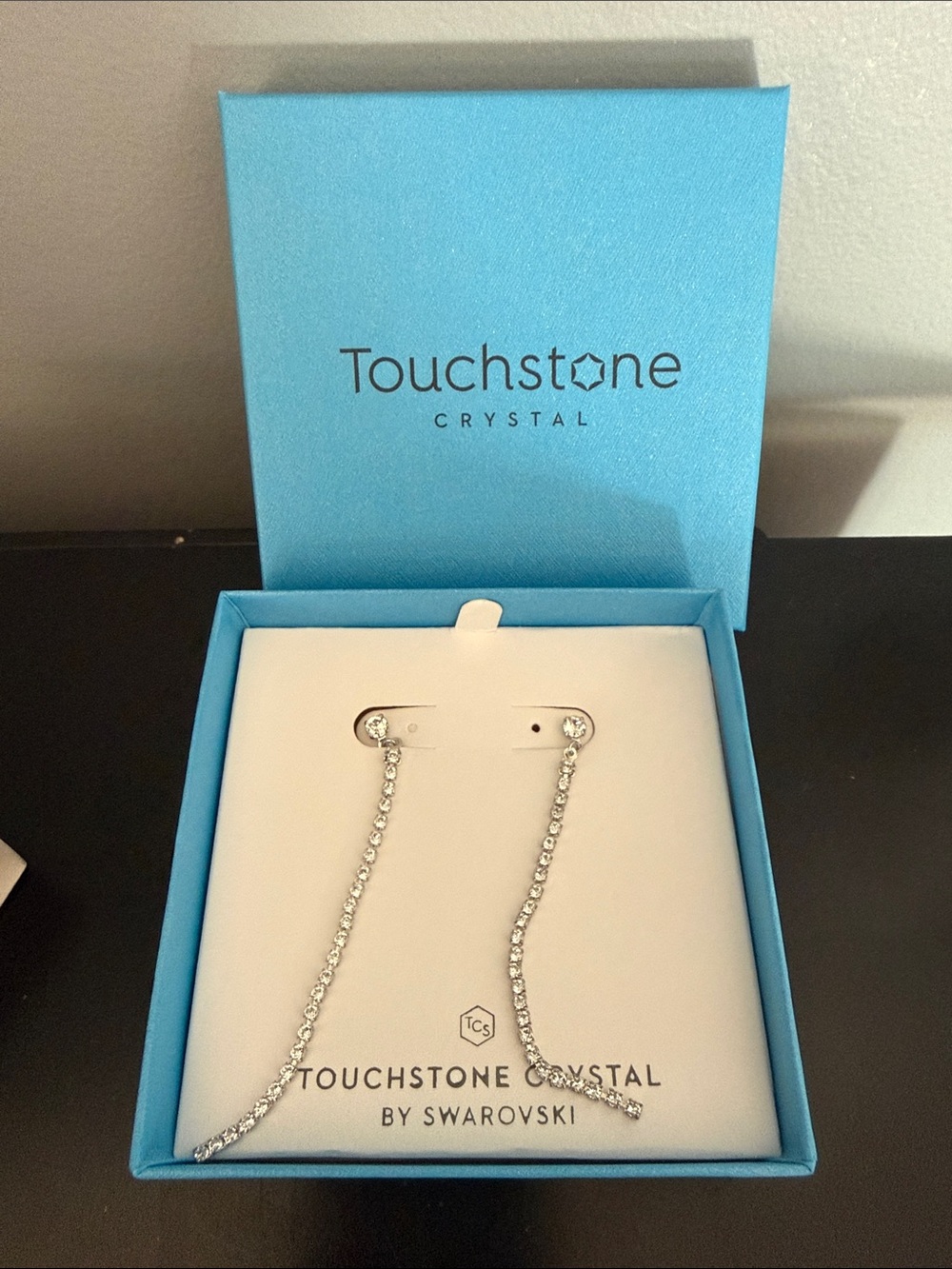 Touchstone Crystal Silver Long Crystal “Off the Chain” Drop Earrings